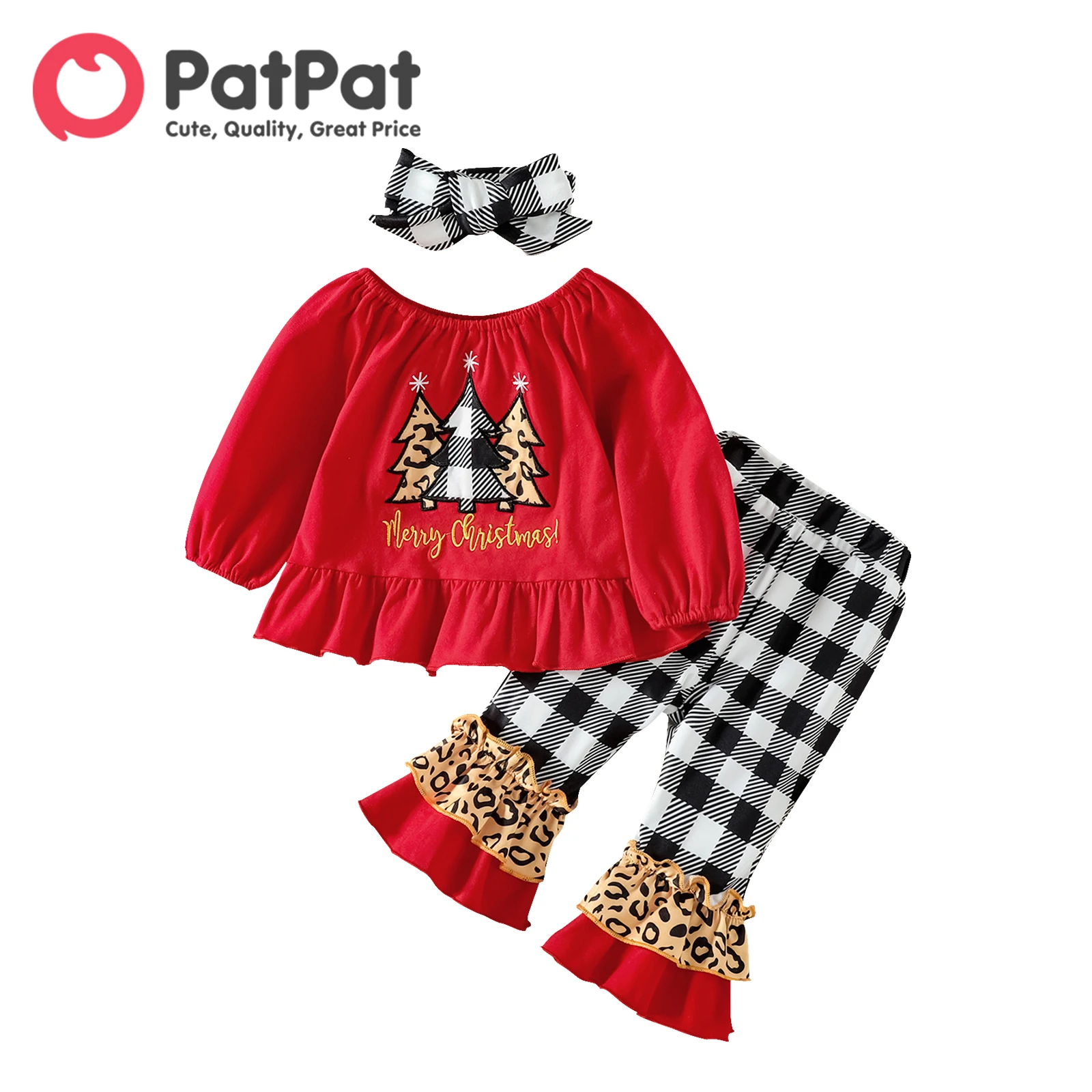 

PatPat Christmas Newborn Baby Girl 95% Cotton Xmas Tree Top and Plaid Spliced Leopard Ruffle Bell Bottom Pants with Headband Set