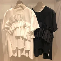 women summer casual t shirt loose asymmetric pleated patchwork fashion simplicity tees japanese korean style daily street wear