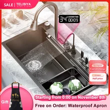 Nano Kitchen Sink 304 Stainless Steel Waterfall Sink Digital Display Large Single Bow With Multifunction Touch Waterfall Fauce