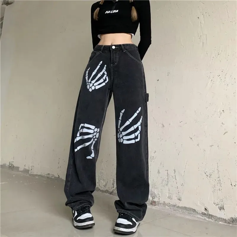 

American street black jeans women's skull print design sense Hip Hop high street Gothic men's women's oversized wide-leg pants