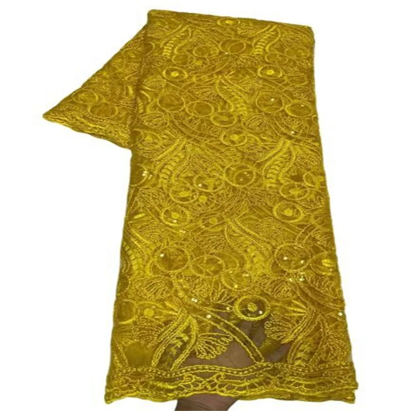 

Elegant Heavy Yellow Sequins Lace Fabric With Sequins Nigerian 3D Embroidery Mesh Lace Fabric For Wedding Dresses
