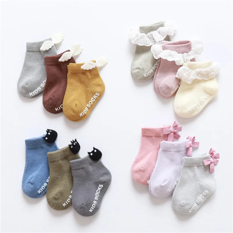 

3Pairs/Lot Infant Baby Socks Cute Princess 3D Wings Bowknot Ruffled Lace Anti-slip Floor Socks Grils Boys First Walker Socks
