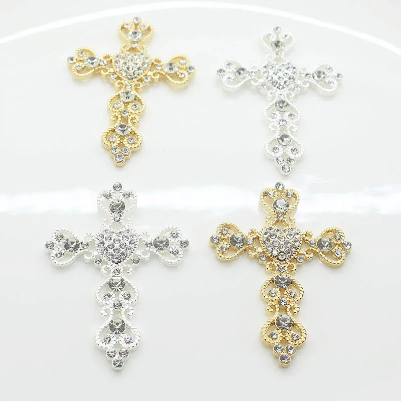 

5 шт./лот 46 мм * 65 мм Серебряный Золотой Крест Стразы пуговицы плоская задняя часть для свадебного украшения металлическая брошь бант для вол...