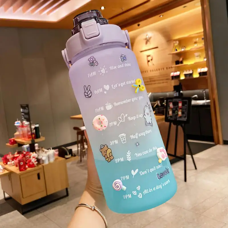 

2L Large Capacity Water Bottle Straw Cup High Temperature Plastic Water Cup Time Scale Frosted Outdoor Sports Student Couple Cup
