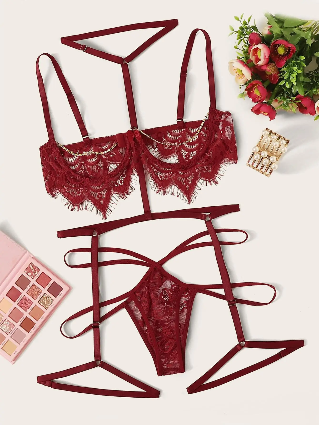 

Sexy Lingerie Lace Dew Sexy Lingerie Garter Fun 3-piece Set with Steel Ring Hollow Out PerspectiveSexyWomen's LargeUnderwear Set