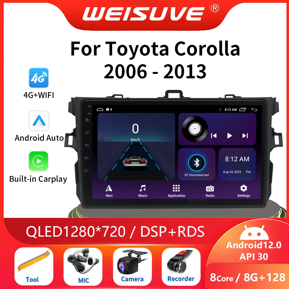 Автомобильный мультимедийный плеер Carplay 2DIN 9 дюймов 4G Android 12 GPS-навигация для Toyota