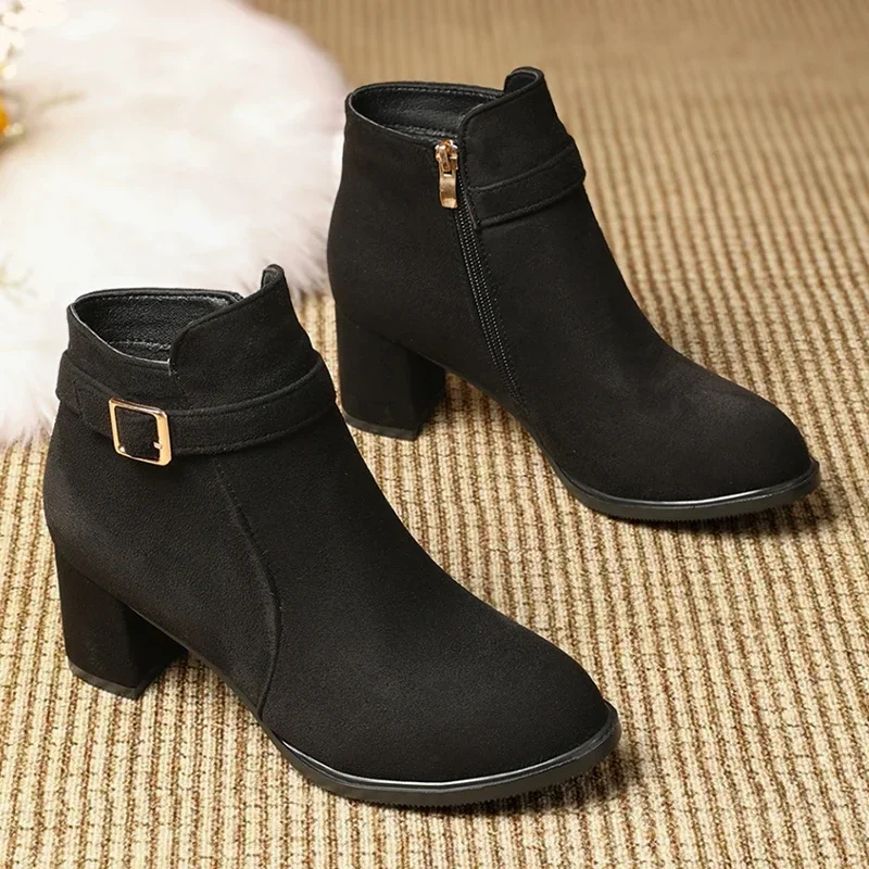 Leopard Suede Women Ankle Boots Mid Heels Chunky Shoes Women's Winter 2025 Trend New Fashion Designer Elegant Female