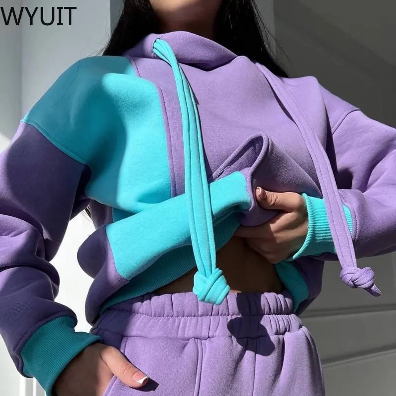 

Модный спортивный костюм в стиле пэчворк с длинным рукавом, Повседневная Свободная Толстовка с капюшоном и брюки с карманами, наряд, женски...