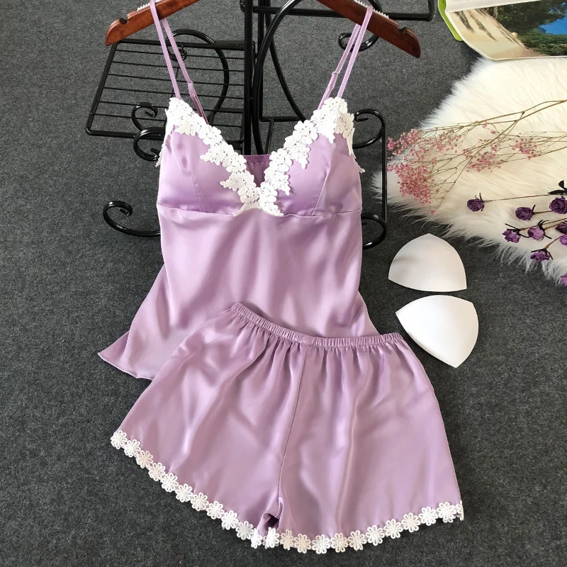 Women's Sleepwear 2 Pcs Sets Tops+Shorts Sexy White Lace Satin Sleeveless V-neck Tight Trendy Pyjama Sets