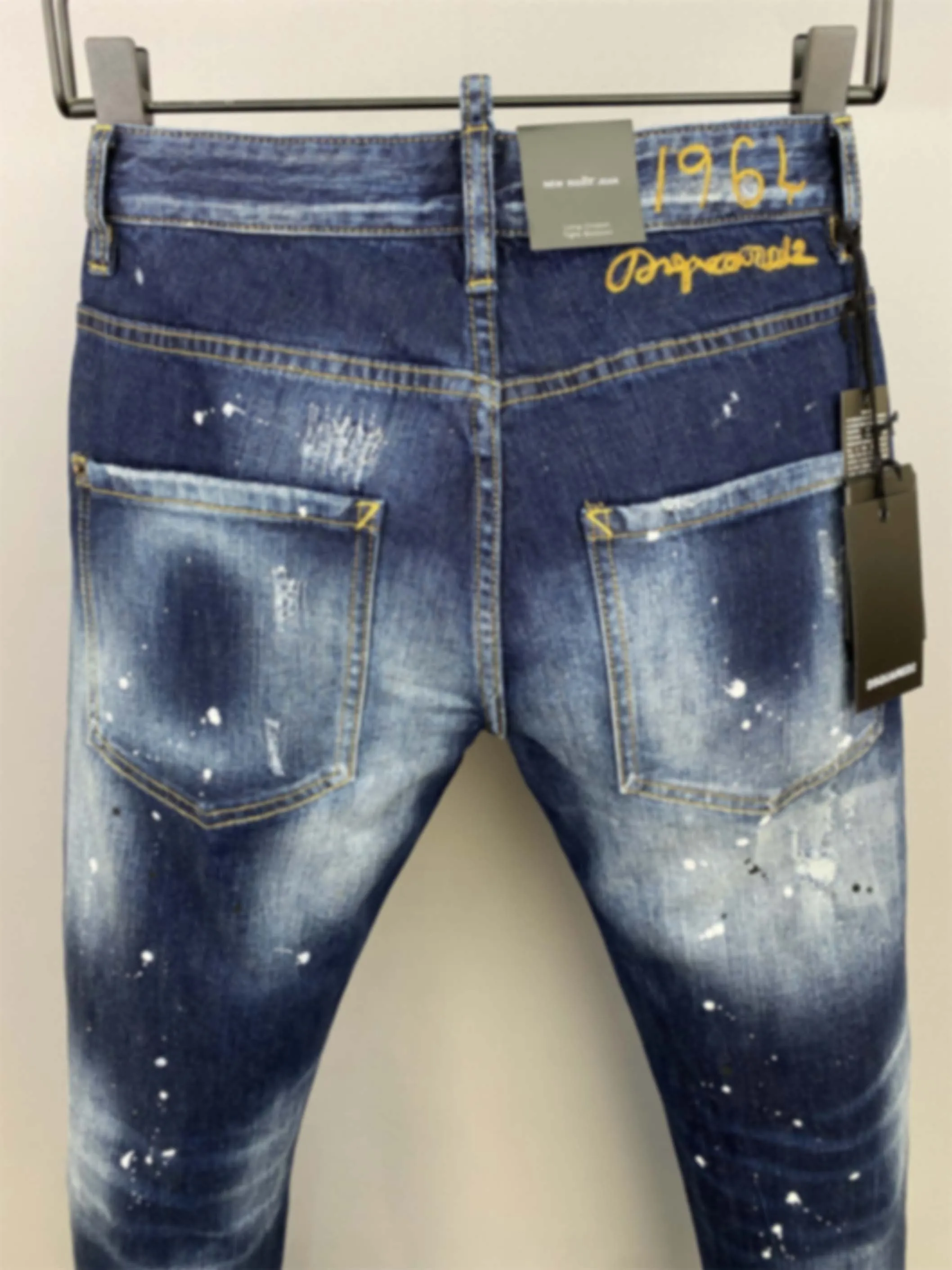 2023 New D2 Jeans Men's Fashion Slim Fit Water Wash Hole Patch Knife Cut Ink Micro Elastic Feet Pants