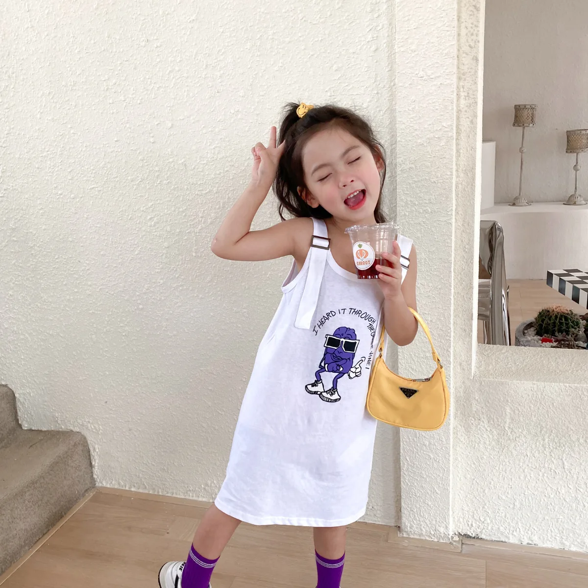 

MILA CHOU 2022 Summer Baby Girls Fashion Cartoon Strap Dress Children Casual Cute Cotton Slip Dress Kids Clothes