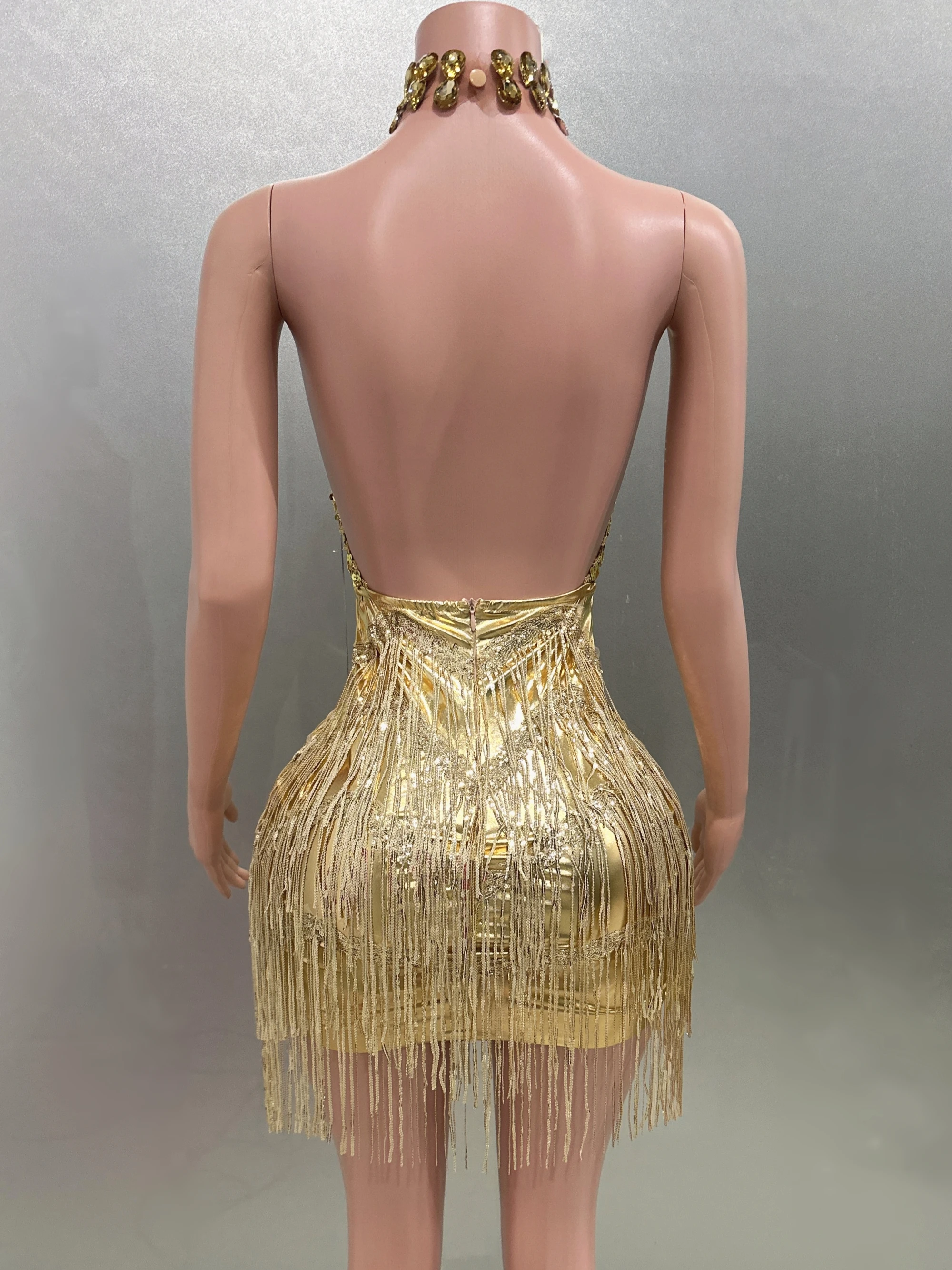 Блестящее женское платье с золотыми кисточками сексуальное мини-платье лямкой