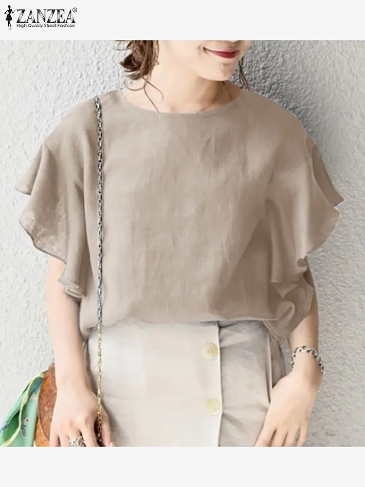 

Женская блузка с расклешенными рукавами ZANZEA, летняя повседневная офисная рубашка, женские топы, элегантные офисные блузки, туника, свободные блузы