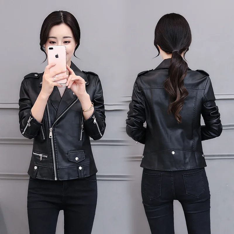 PU leather jacket women's short fitting leather jacket women's motorcycle jacket small jacket