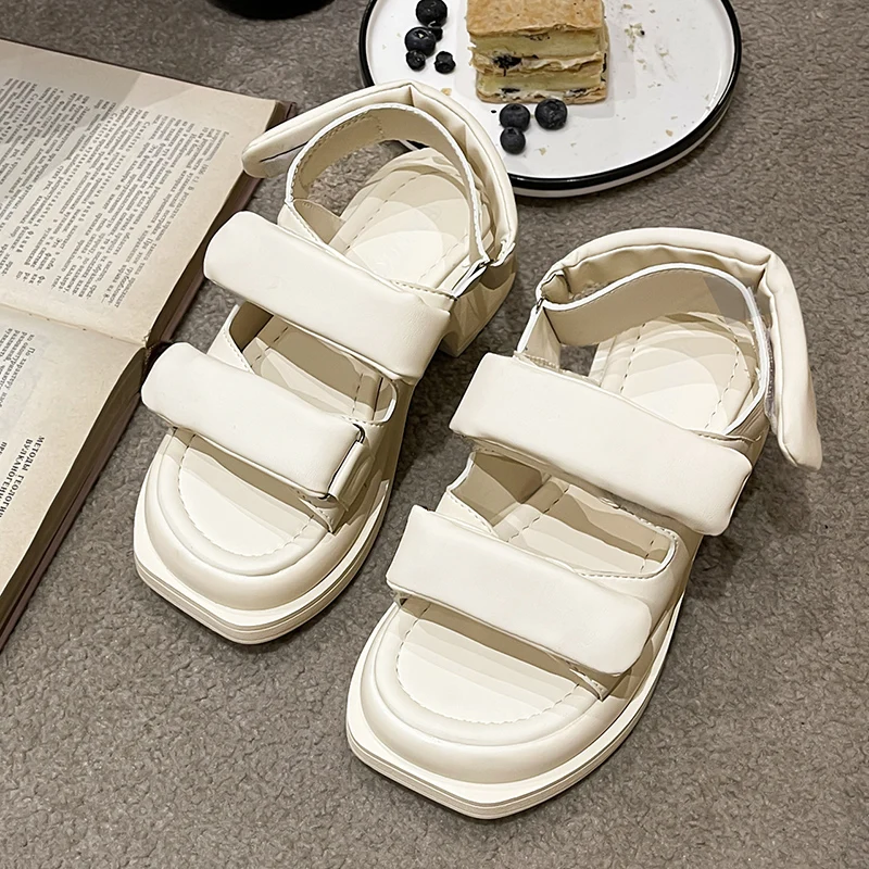 

Low Sandals Woman Leather Female Shoe Clogs With Heel 2023 Summer All-Match Low-heeled Outside Girls Sports Comfort Thick Fashio