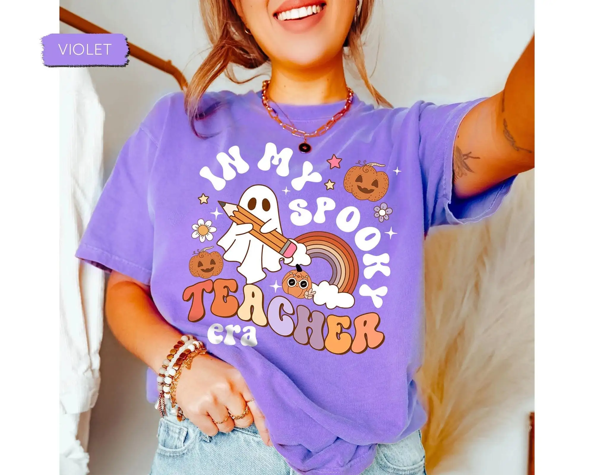 Футболка Groovy Halloween Teacher In My Spooky Eram в стиле ретро осень обучение или трюк