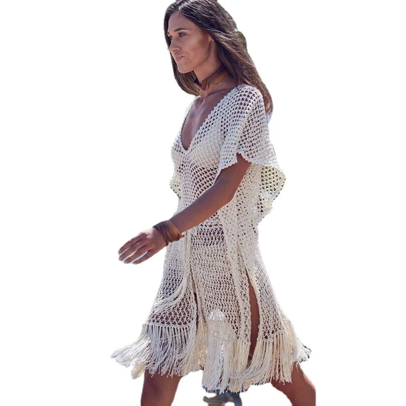 

Summer Dress Cover Up Swimwear Women With Tassel Long Tops Swimsuit Fashion New Solid Sexy Hollow Out Beachwear Dress Cover Ups