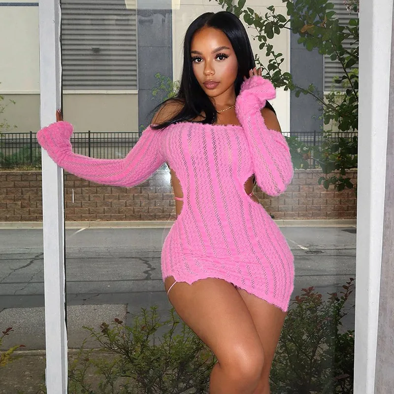 

Women Off Shoulder Long Sleeve Open Back Bodycon Midi Mini Dress 2023 Winter Sexy Club Evening Party Dresses Vestidos