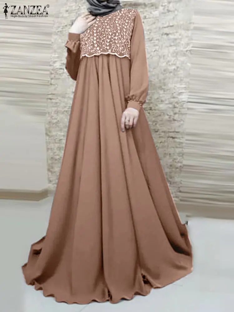 

ZANZEA Muslim Maxi Dresses Turkey Abaya Vintage Women Full Sleeve Lace Crochet Sundress Hijab Vestidos Islamic Jilbab Ramadan