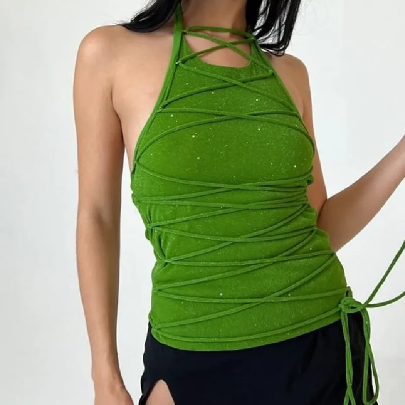 

Women Shinny Green Tank Tops Sexy Lace up Sleeveless Vest Slim hot tops for women backless halter cute solid y2k accessories