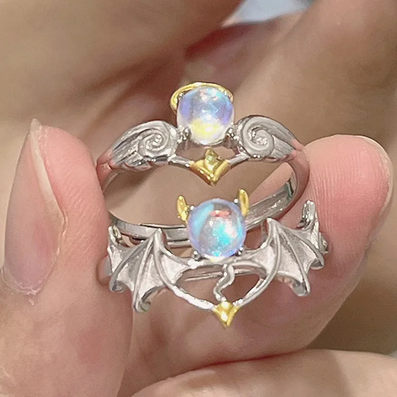 

Fashion Couple Silver Color Epoxy Moonstone Angel Little Devil Personality Adjustable Rings Anniversary Gift Jewelry for Women