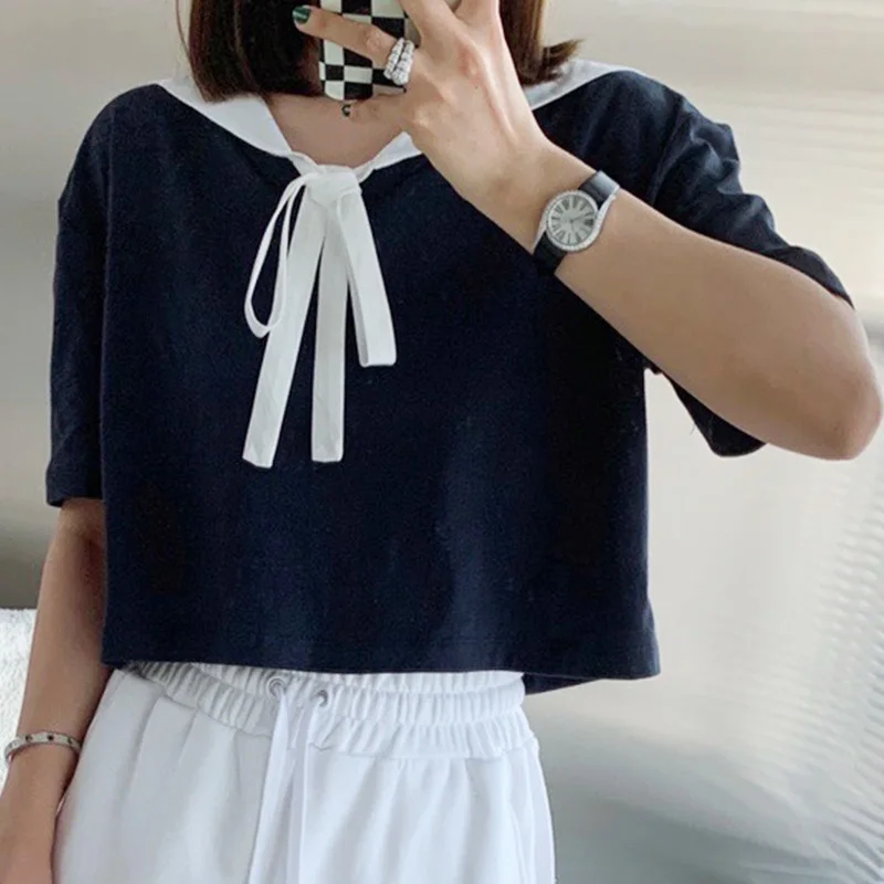 

Женская модельная футболка с бантом, элегантная модельная футболка с матросским воротником, модные Контрастные Топы с коротким рукавом, бе...