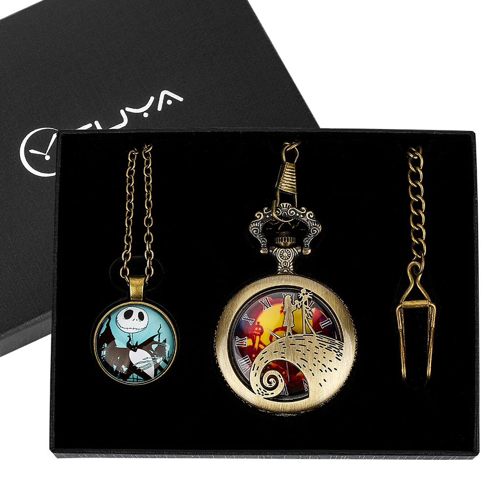 Big Pocket Watch Horror Nightmare Skull Movie Cosplay Gift Set for Men Women Quartz Pocket Watch Necklace Relógio De Bolso