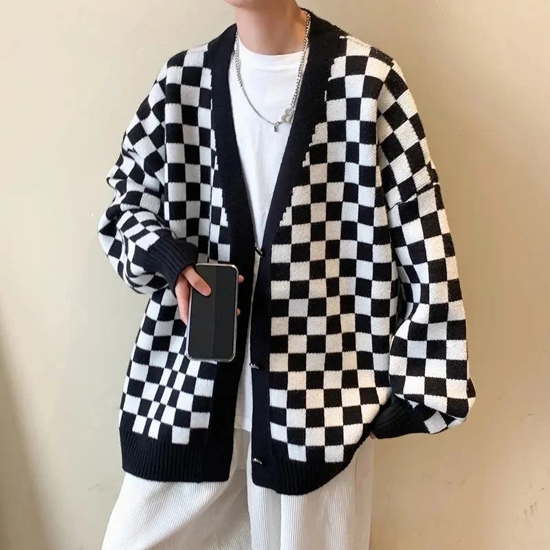 Autumn Winter Fashion Man Solid Retro Plaid Casual Men's Loose Tess Cool Boys Knitted Sweater Button Cardigan Coat Warm Sweater