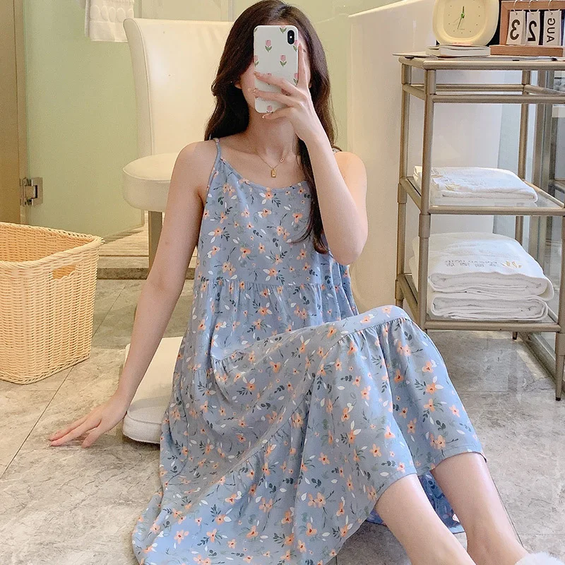 Women's Thin Viscose Sleepwear Sleeveless Floral Suspender Nightshirt Casual  Loose Plus Size Soft Long Length Pajama Dress