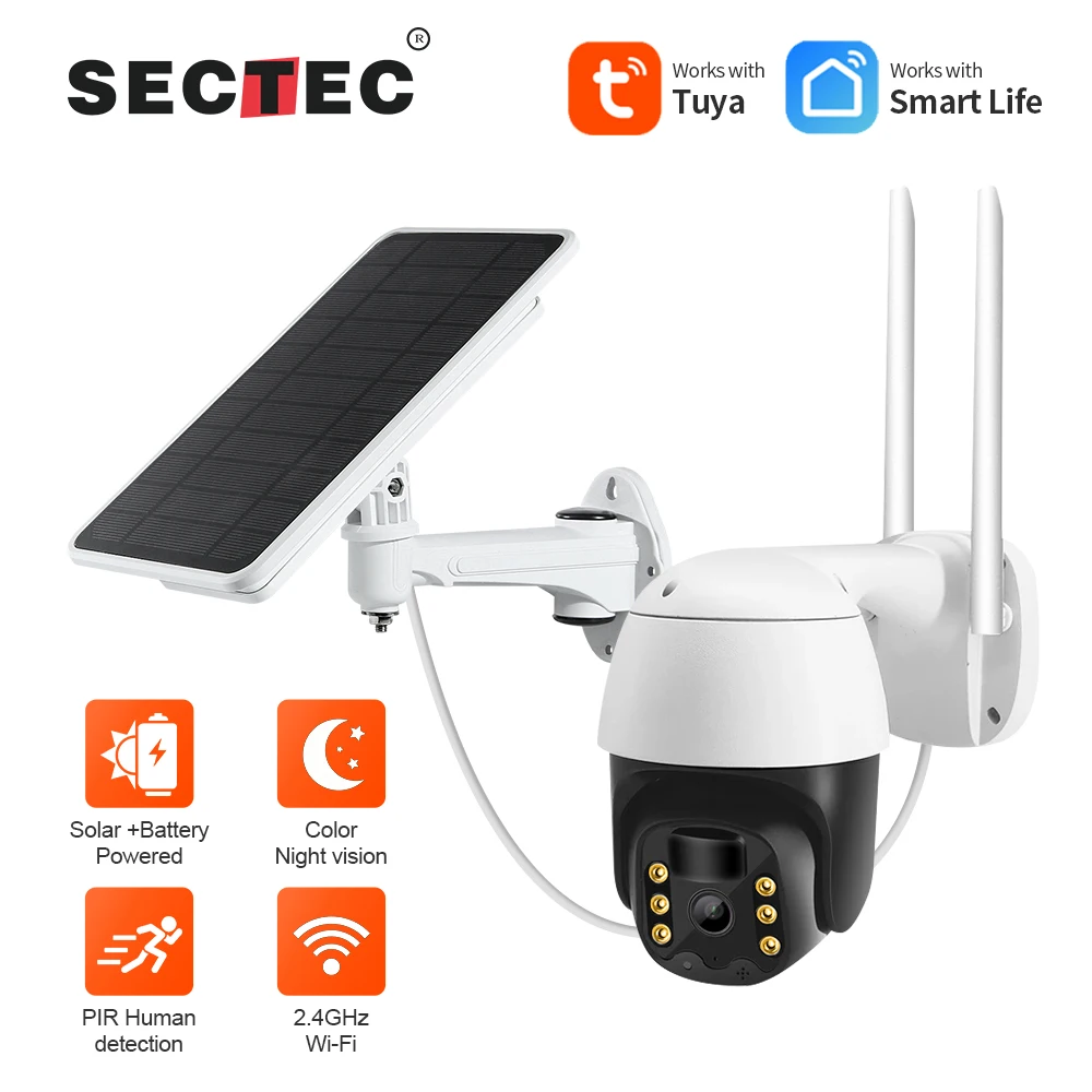 

SECTEC PTZ IR Security 8W Solar panel Camera PIR Human Motion Detection Camera Tuya 1080P HD Wifi Smart life Solar Camera