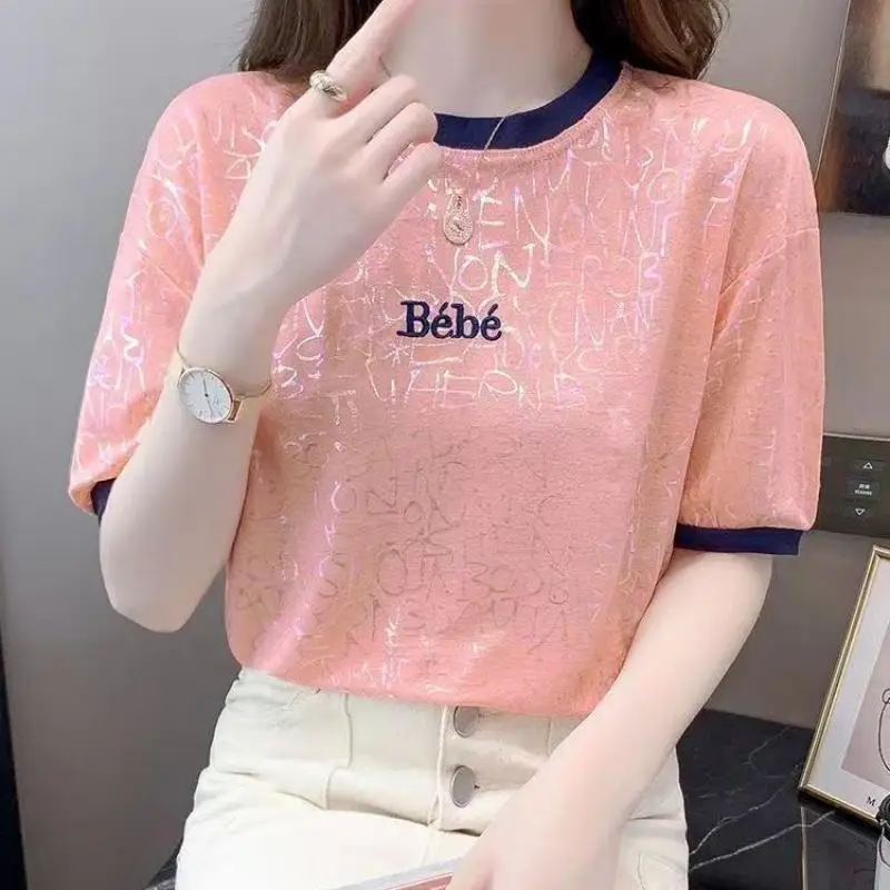 

Summer Short Sleeve T-shirt Women's 2023 New European Female Clothing Round Neck Pullover Patchwork Letter Fashion Casual Tops
