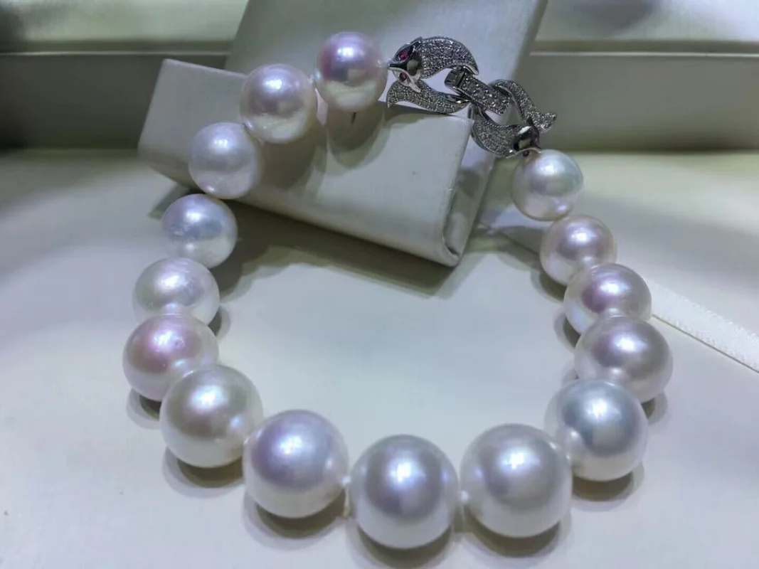 Великолепный круглый белый жемчужный браслет 11-12 мм южного моря 7 5-8 дюймов