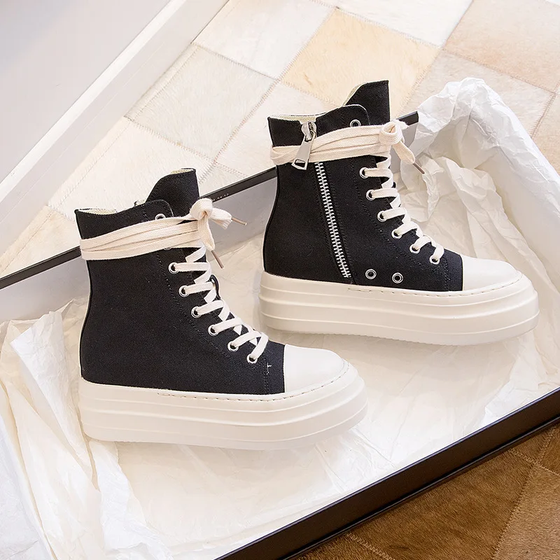 

LEOSOXS Fashion Women Platform Flat Canvas Shoes Casual Lace Up High-Top Sneakers Zip Leather Increase Woman Vulcanize Shoes 41