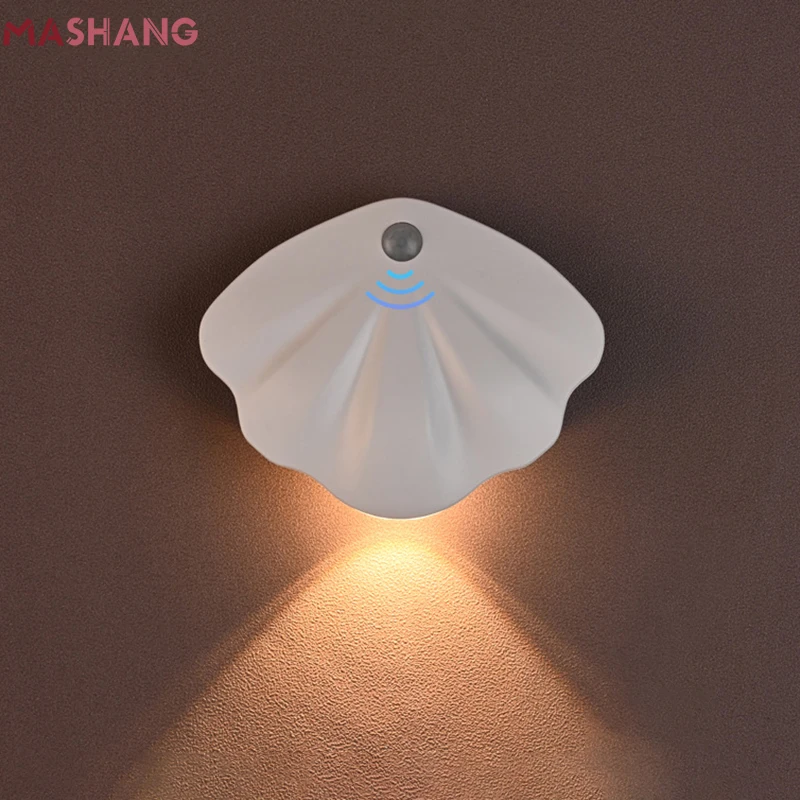 

Ночник в форме ракушки с датчиком движения, Беспроводной светодиодный светильник для шкафа, настенный приглушаемый светильник для спальни, кухни, лестницы, чулана, 3 цвета