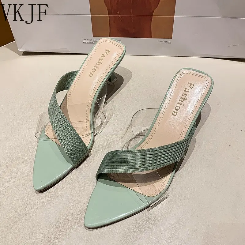

2022 New Summer Women Yellow Green Beige Pumps Sandals For Ladies Sexy Mules High Heels Slip-on Slippers Slides Shoes