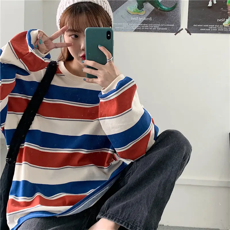 Autumn Fashion Striped Hoodies Women Over Sized Pullover Casual Long Sleeve Female Shirts Loose Cotton Polyester Sweatshirts