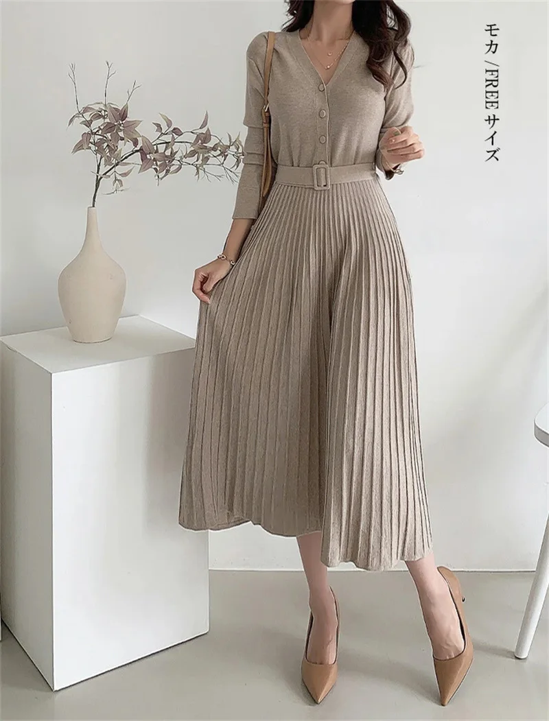 

2022 Spring Autumn Winter Knitted Belted Female A-line soft dresses Elegant V-neck Single-breasted Women Thicken Sweater Dress