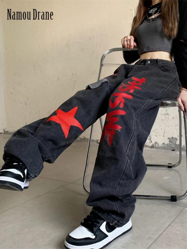 

High Waist Women Ripped Jeans Vintage Streetwear Pentagram Straight Baggy Trouser Fashion Casual New Autumn Wide Leg Denim Pants