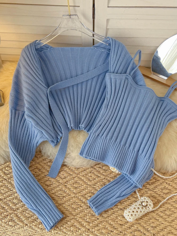 

YuooMuoo Women Sweater Sets 2022 Autumn Y2K Fashion Knitted Straps Crop Tops + Batwing Long Sleeve Cardigans Two Piece Suits