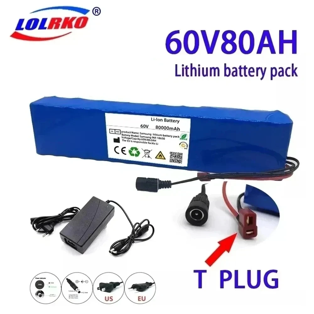 

Scooter 18650 Lithium Ion E-Bike Battery Pack New 60V 80000mAH Electric Bike 80Ah 16S2P With BMS + 67.2V Charger