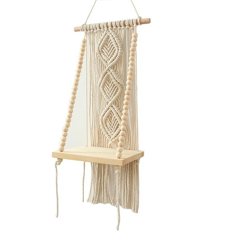 

Boho Handmade Tassel Macrame Tapestry Wall Hanging Shelf Cotton Rope Woven Plant Hanger Wood Floating Shelf Wall Decor