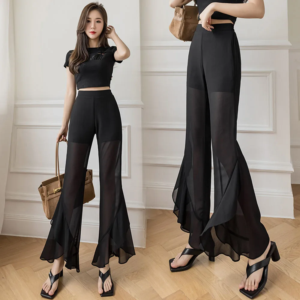 

Elegant Wide Leg Pants For Women Summer Chiffon Pants Trousers Women High Waist Casual Pants Streetwear Women Dance flares Pants