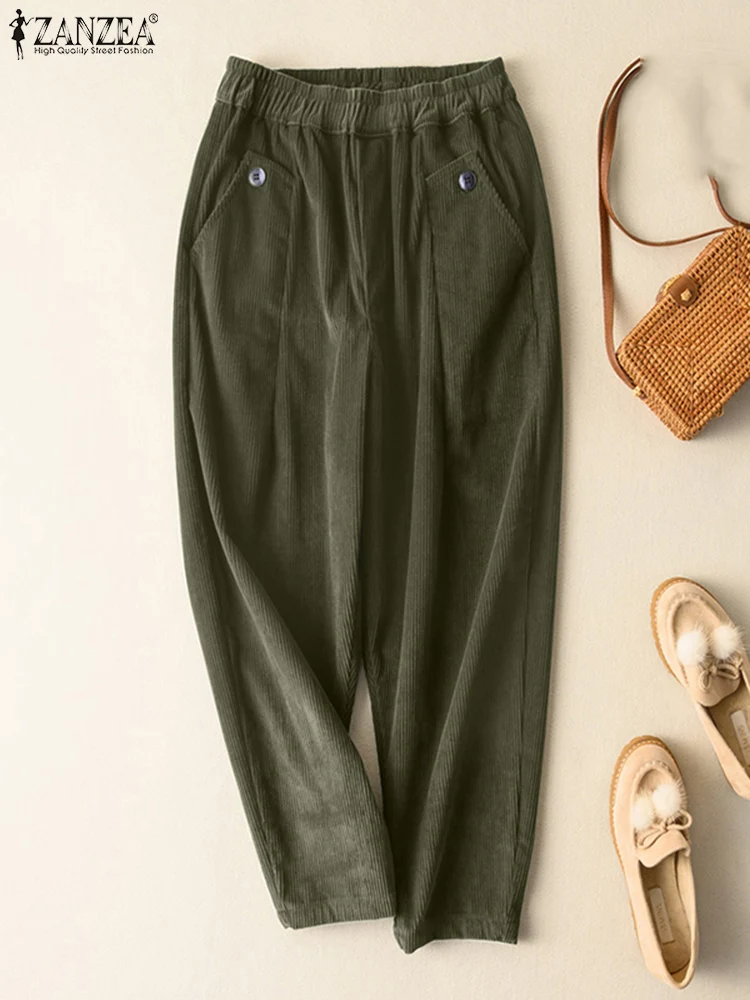 

ZANZEA Vintage Solid Pantalon 2022 Spring Corduroy Maxi Trousers Casual High Waist Trousers Oversized Bottoms Women Pencil Pants