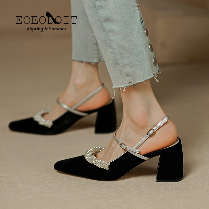 

Туфли-лодочки женские с жемчугом, высокий каблук 6 см, босоножки на ремешке с ремешком на пятке, Ретро стиль, весна-лето