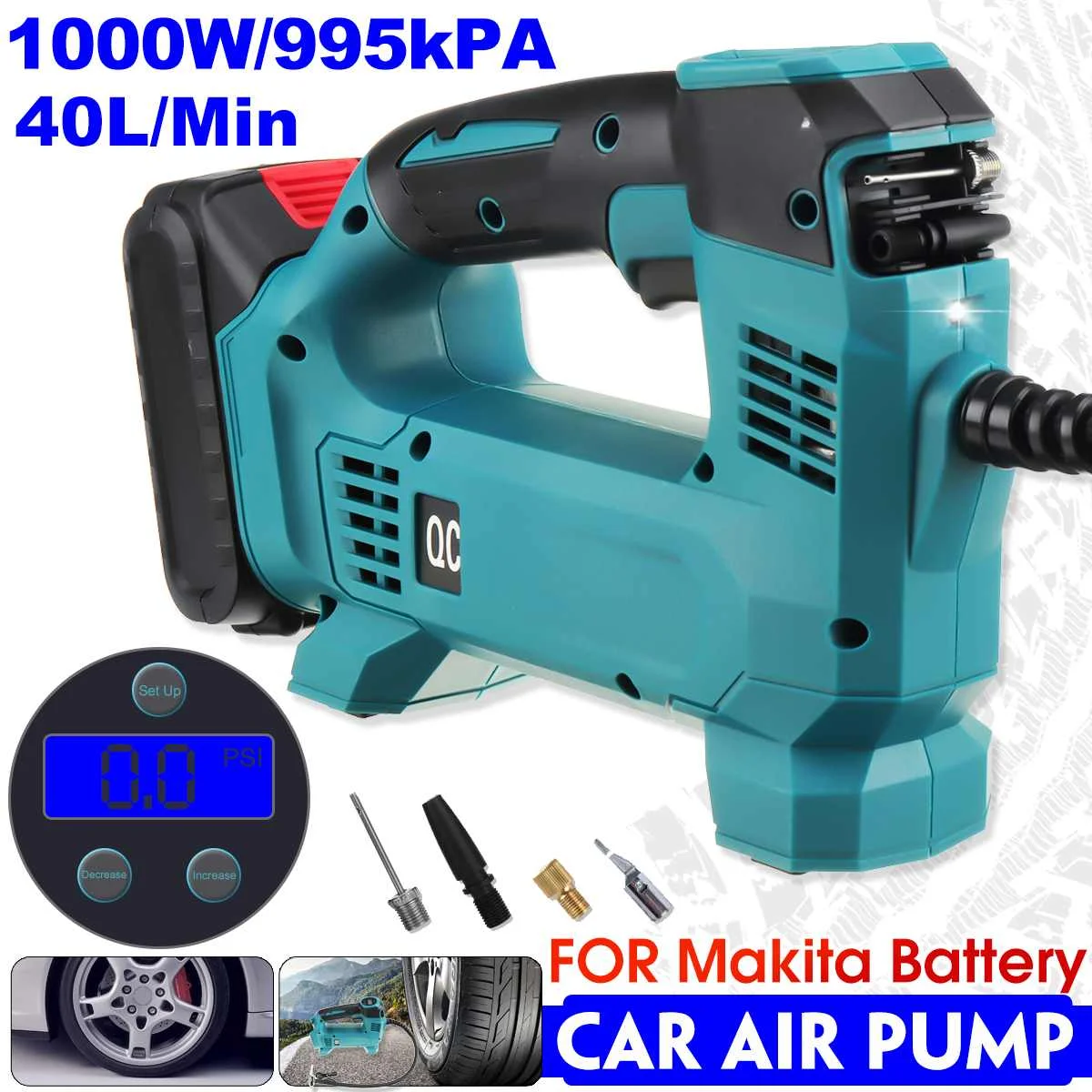 

1000W Rechargeable Air Compressor Cordless Car Air Pump Bicycle Balls Car Air Injector Tyre Inflator Pump For Makita 18V Battery