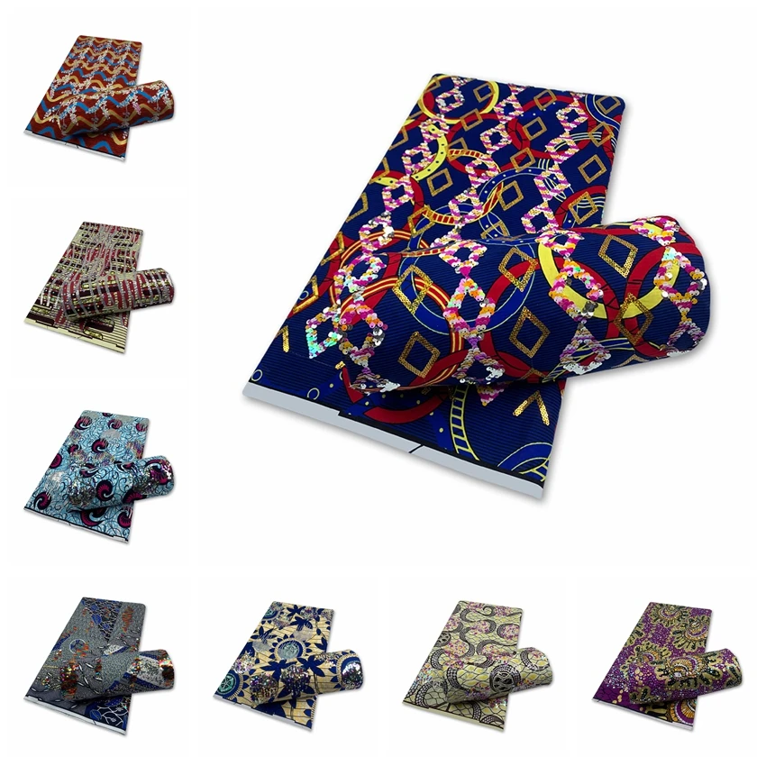 

2022 New African Real Cotton Wax Fabric with Sequin 6 Yards Pagne Wax Ankara Nigerian Sequins Textile Fabric Dress