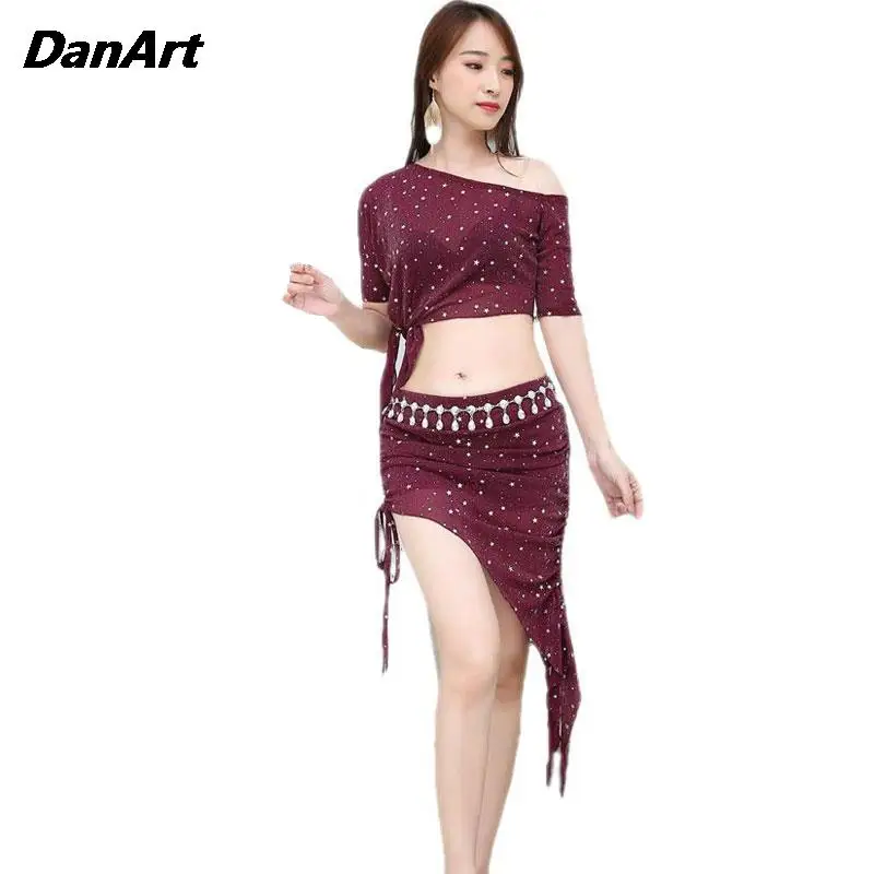 

Women Belly Dance Costume Set Tops with Skirt 2PCS Indian Dance Stage Performance Adults Lady Bellydance Practice Training Suit