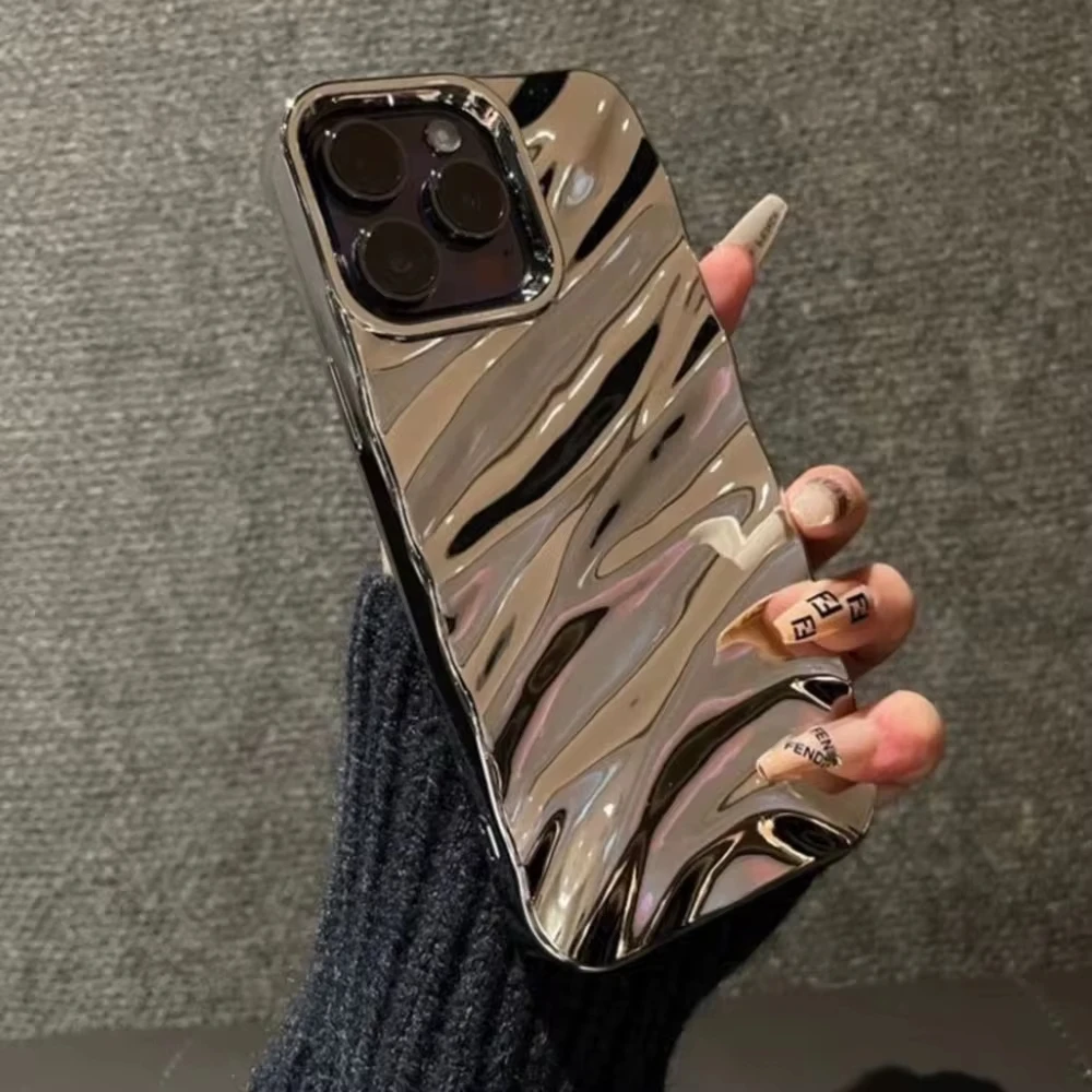 Luxury Electroplated 3D Wave Pattern Glossy Phone Case for iPhone 16 15 14 13 12 11 Pro Max X XS XR Stylish Bright Bumper Ca