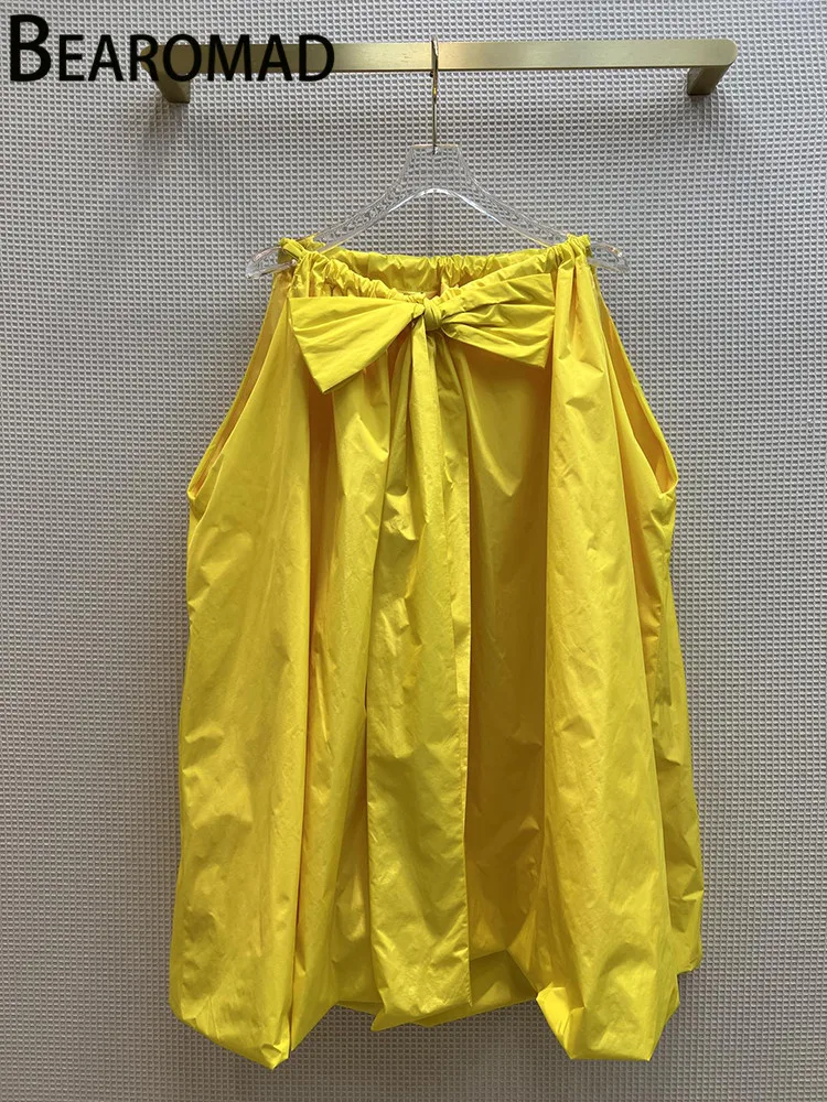 

Bearomad Summer Runway Fashion Yellow Midi Half Skirt Women's High Waist Vintage Elastic Waist Bow Lace up Vacation Party Skirt