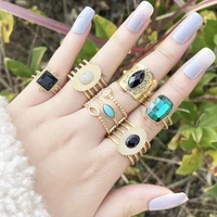 bohemian stainless steel adjustable openning rings for women girls personality trendy nature stone inlay geometric party jewelry